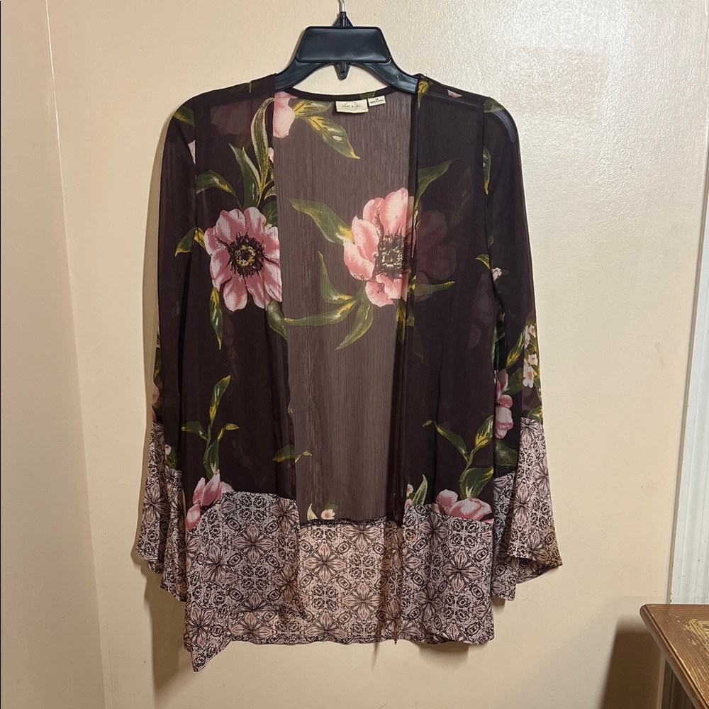 Sheer Floral Kimono Jacket - Black with Pink Floral